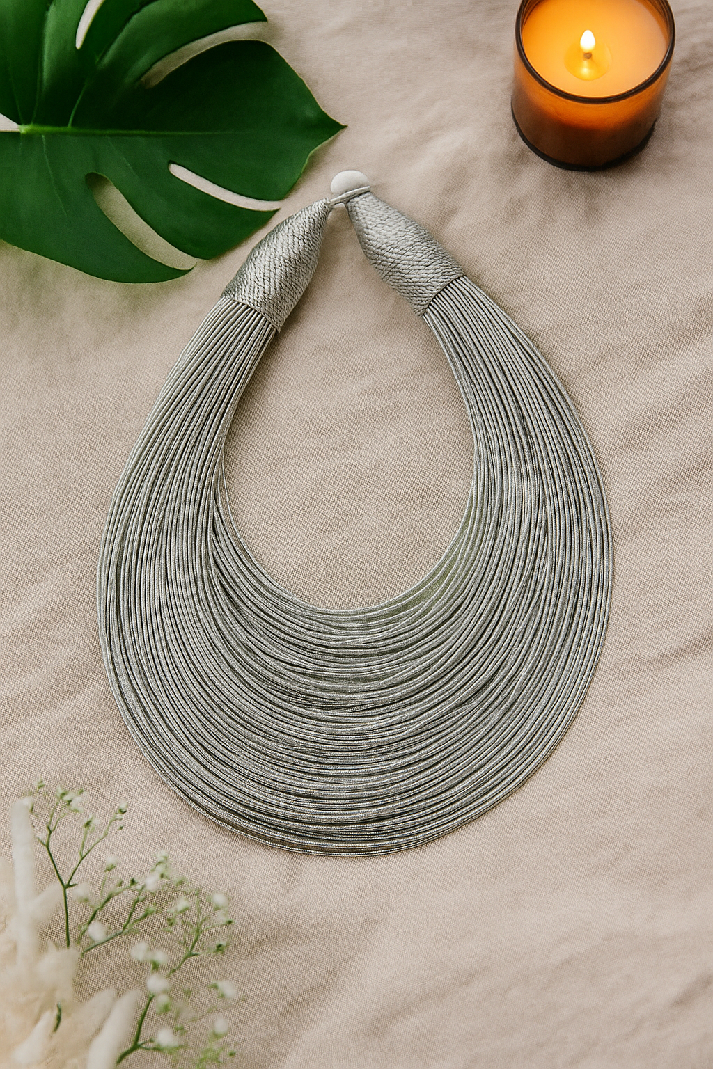 Silver Grey Handmade Silk Threads Multi-Layer Statement African Choker Necklace