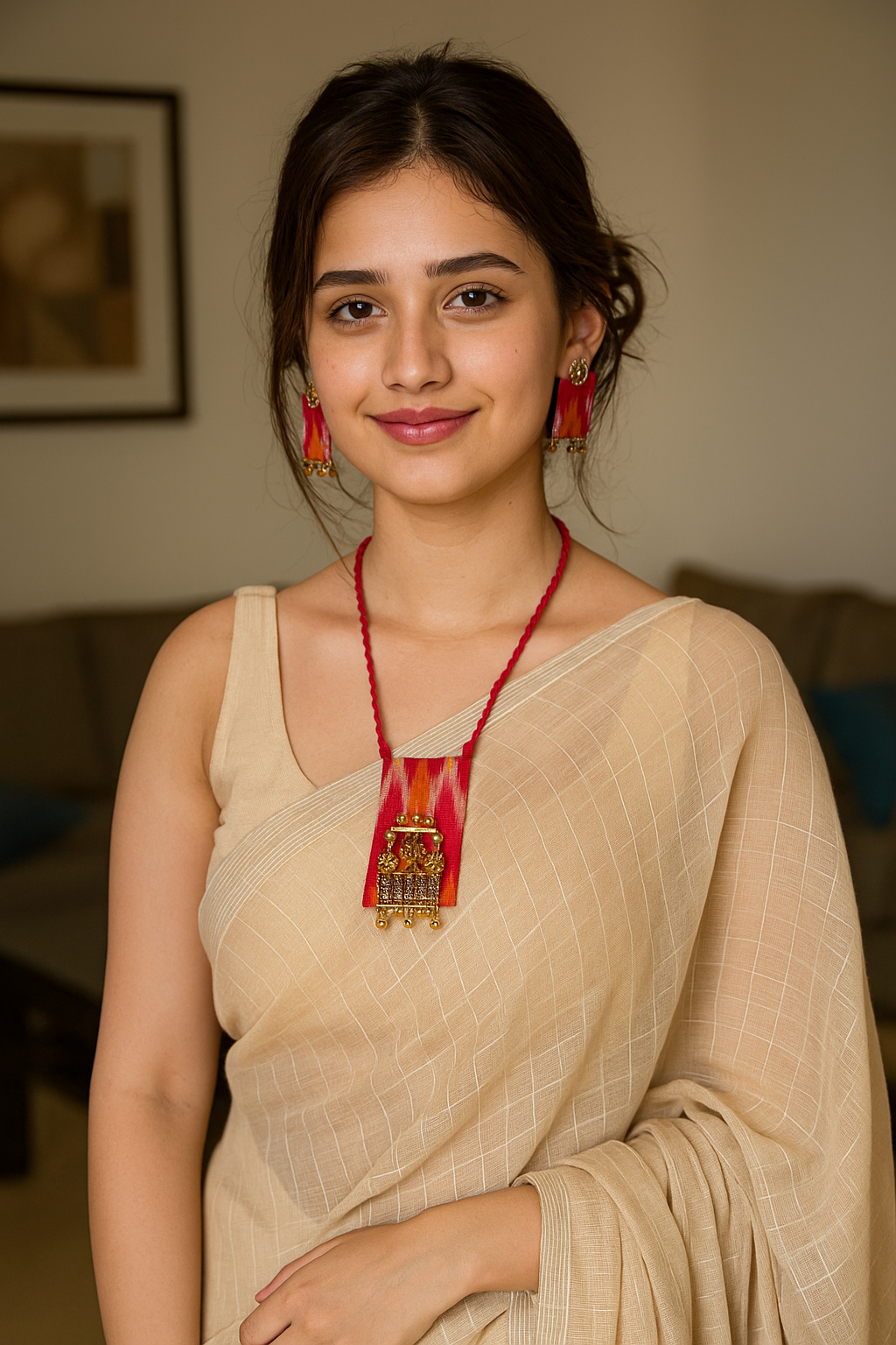 Red Ikat Fabric Necklace Set with Antique Gold Finish Metal Accents