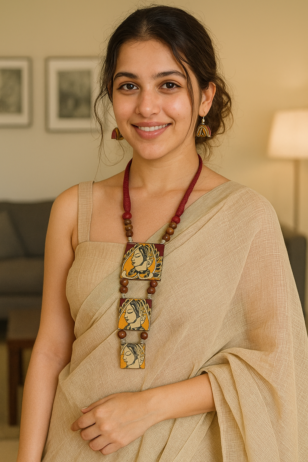Hand Painted Woman Face Red and Yellow Fabric Necklace Set with Jhumka Earrings
