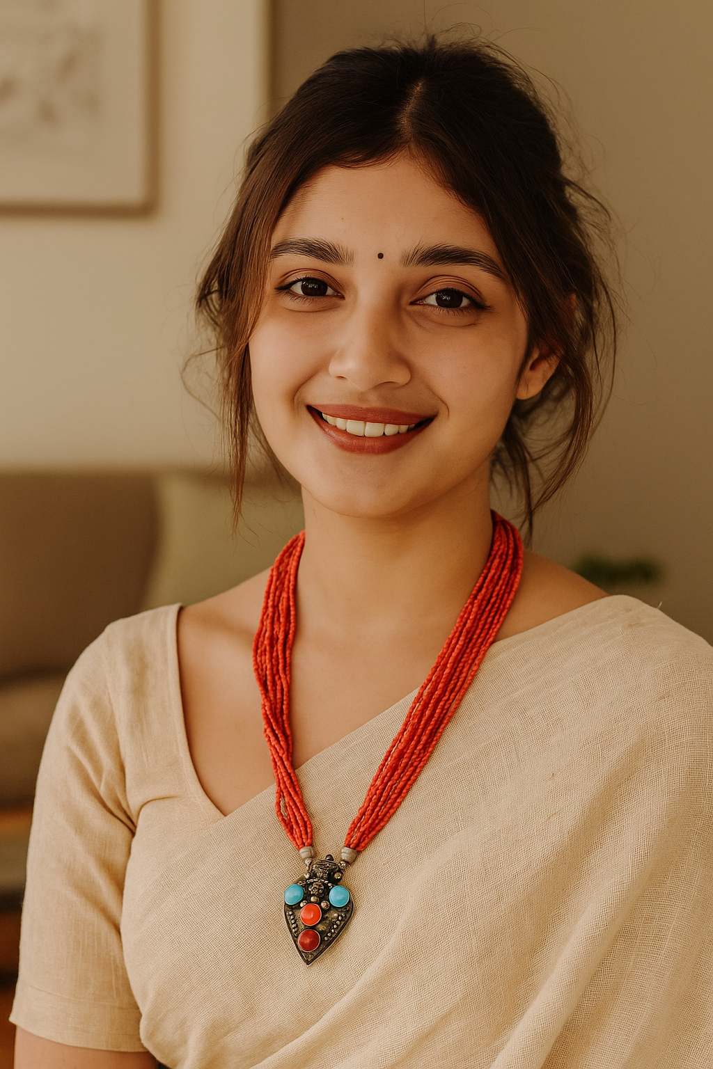 Multi-Layer Orange Hand Beaded Necklace with Oxidised Metal Tribal Pendant