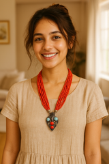 Multi-Layer Orange Hand Beaded Necklace with Oxidised Metal Tribal Pendant