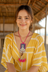 Indigo and Pink Vibrant Handmade Necklace with Metal Chain Strings