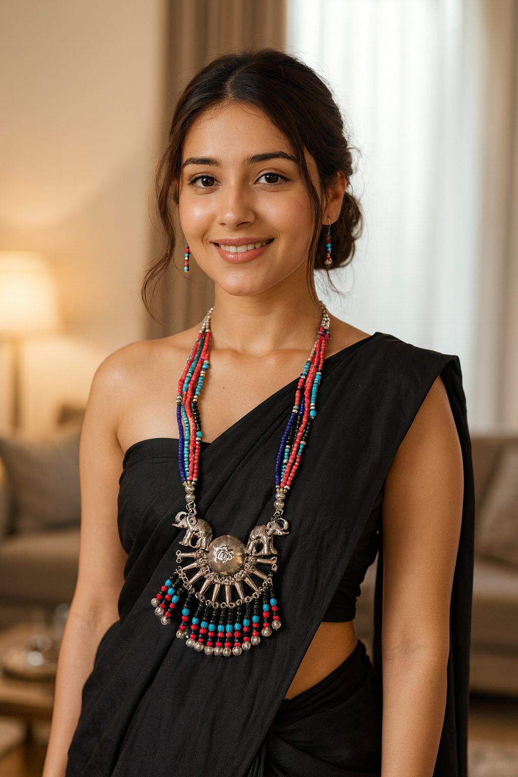 Multi-Color Beads Handmade Necklace Set with Statement Metal Pendant