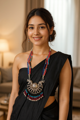 Multi-Color Beads Handmade Necklace Set with Statement Metal Pendant