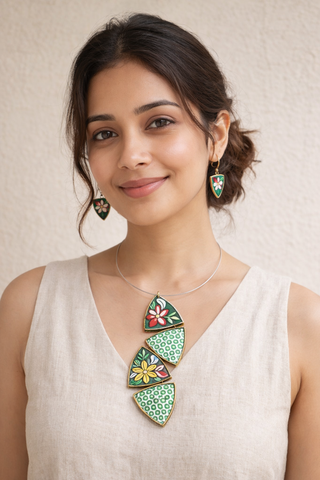 Hand Painted Earthy Flower Motifs Wire Closure Terracotta Clay Handmade Necklace Set