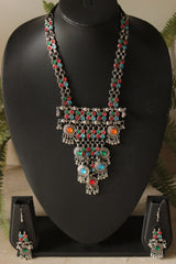 Multi-Color Glass Work Oxidised Finish Long Adjustable Length Necklace Set