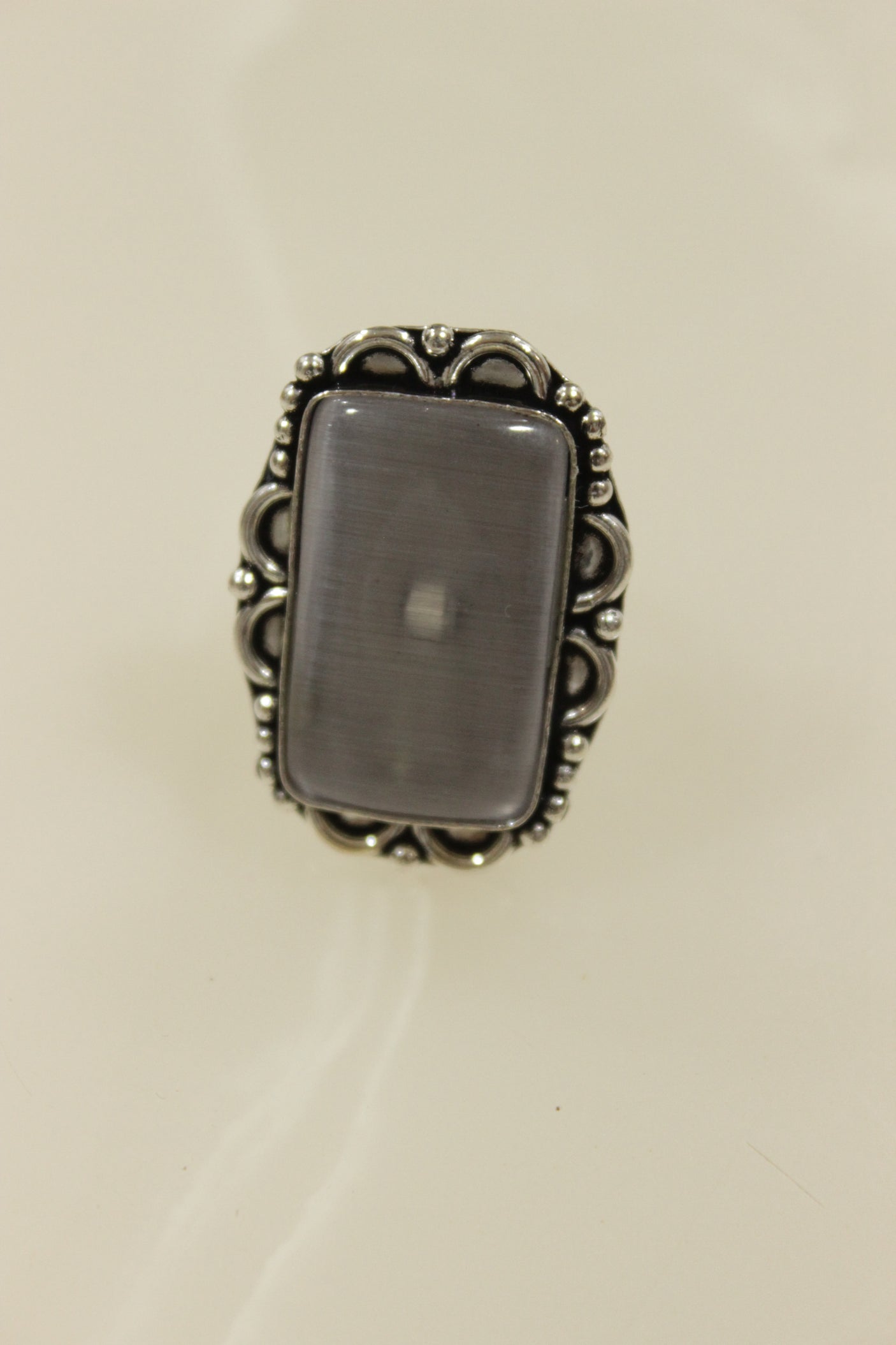 Grey Center Stone Oxidised Silver Finish Statement Adjustable Cocktail Ring