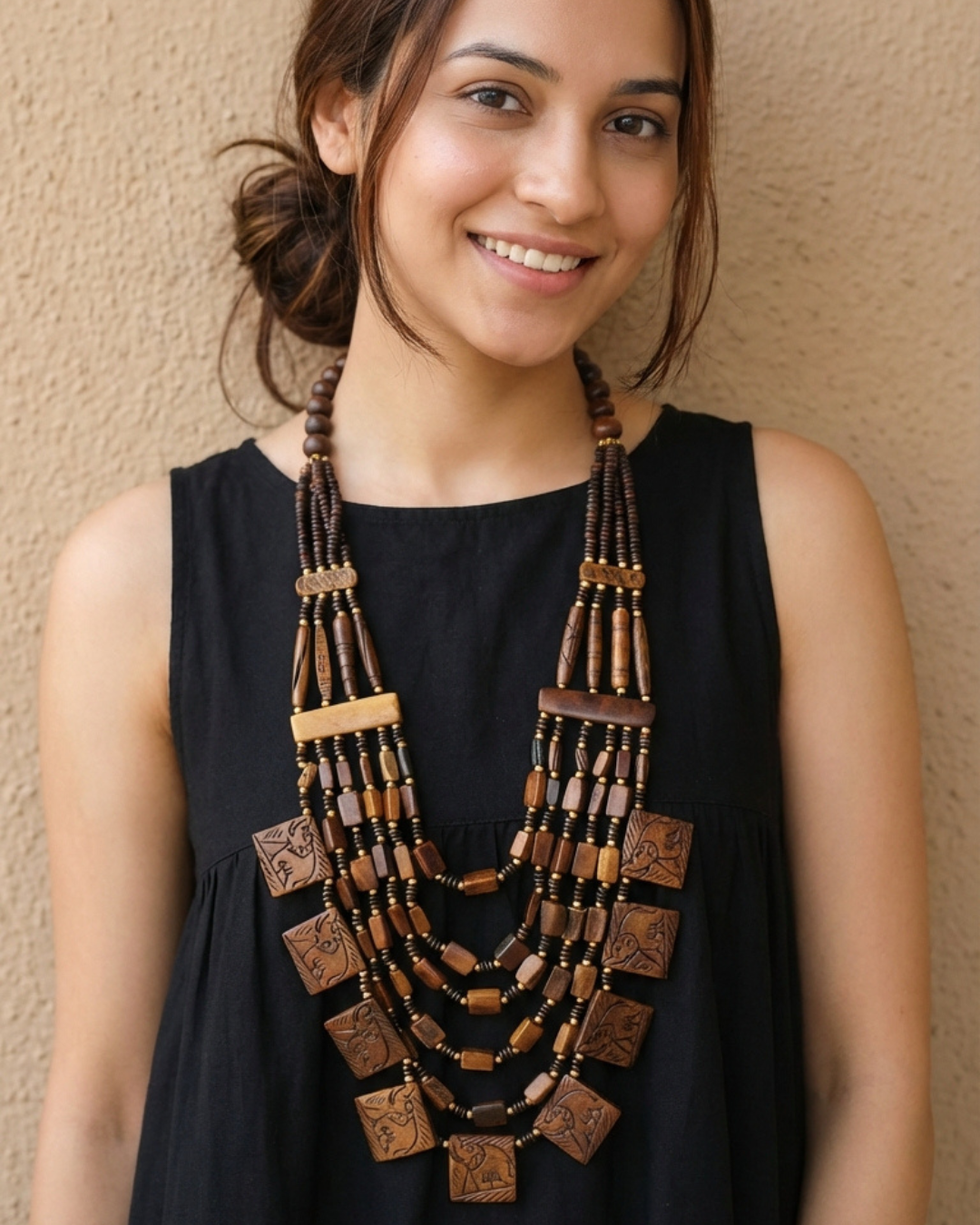 Engraved Brown Bone Beads Handcrafted Multi-Layer African Tribal Necklace