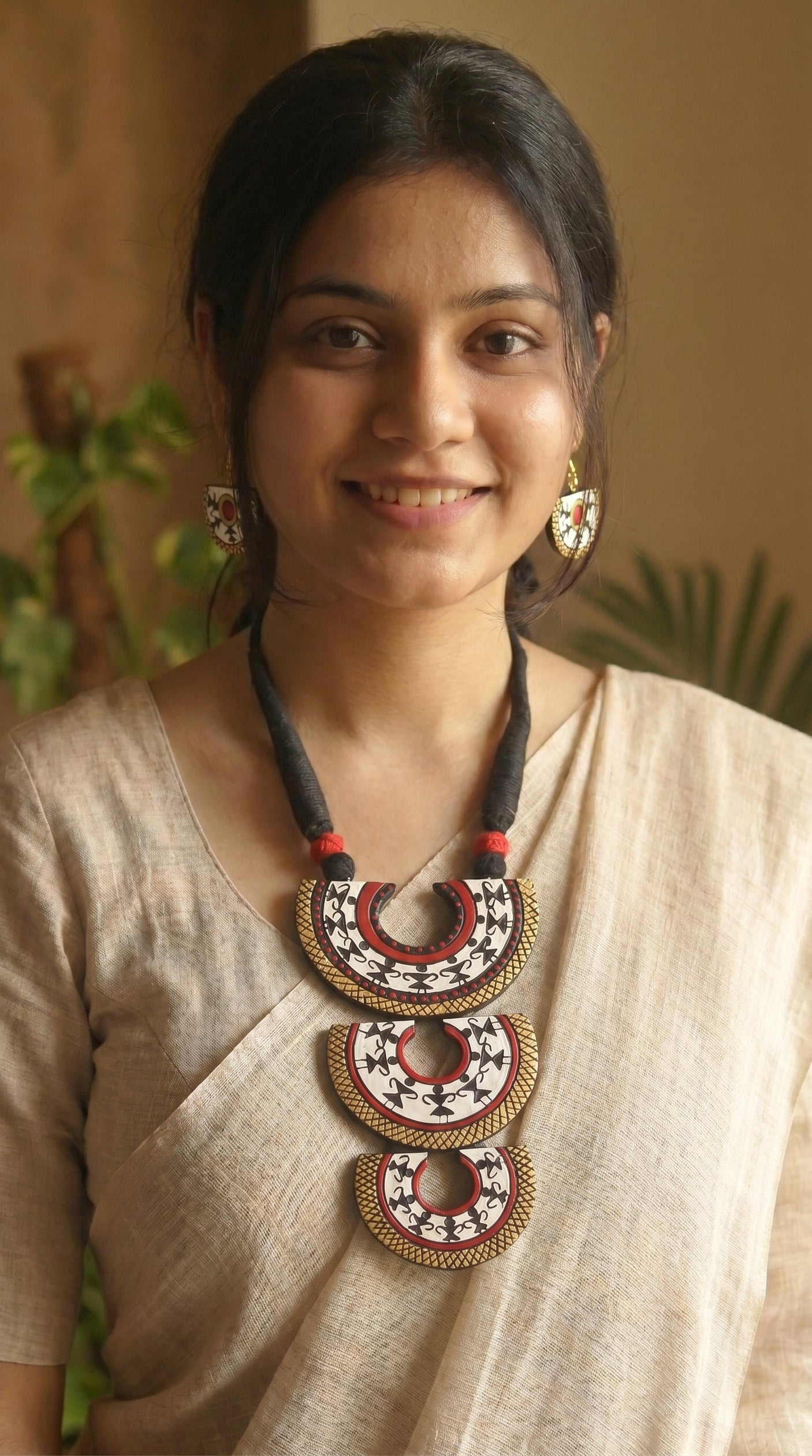 3 Layer Pendant Warli Art Hand Painted Terracotta Clay Necklace Set