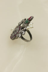 Oxidised Silver Finish Statement Adjustable Cocktail Ring