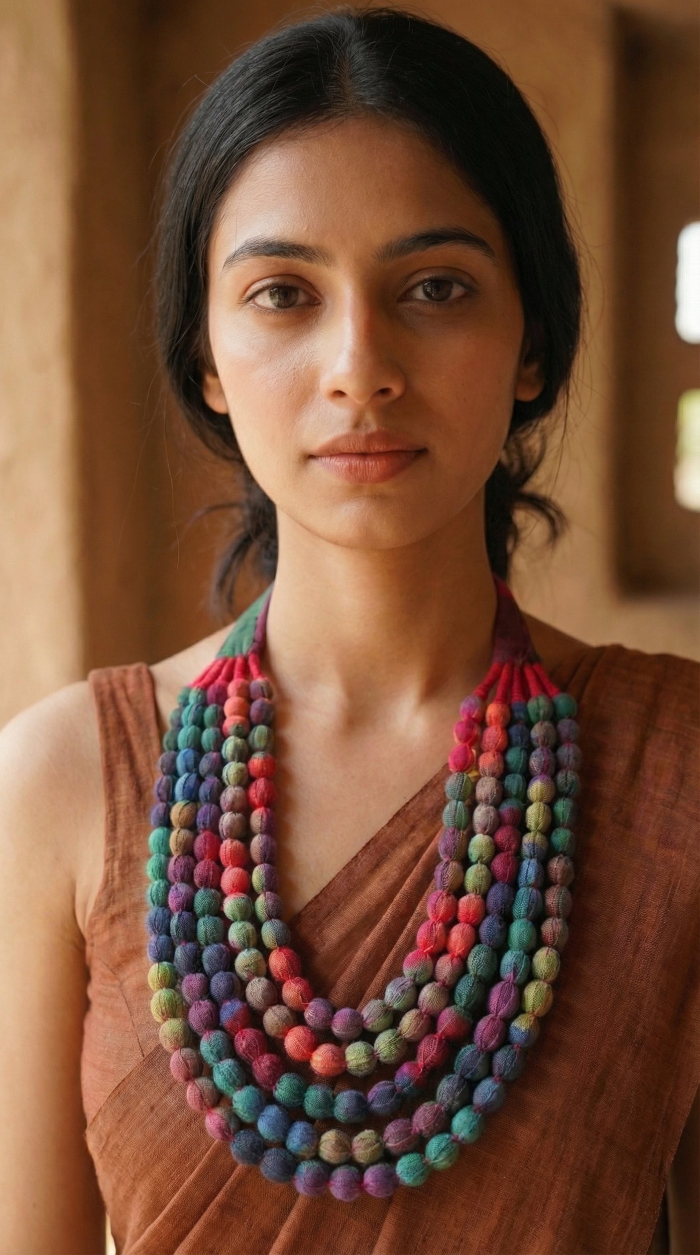 5 layer Shades of Pink and Blue Fabric Beads Handmade Necklace