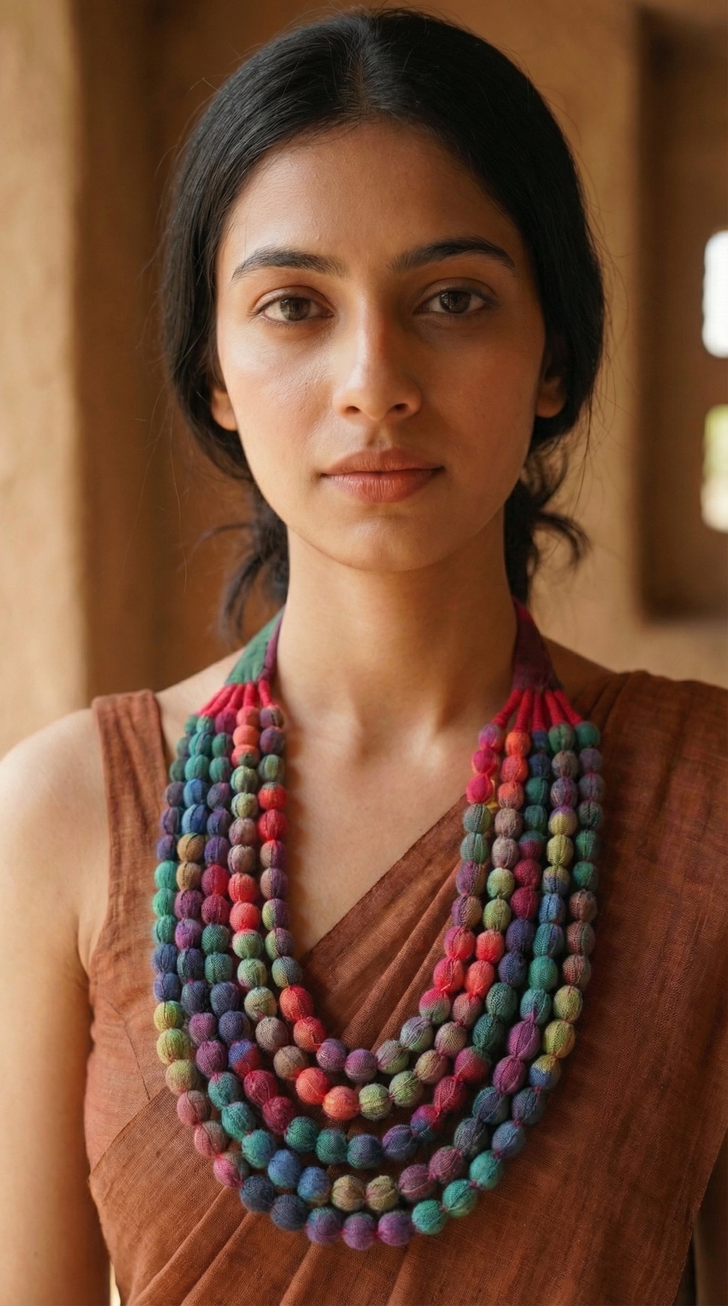5 layer Shades of Pink and Blue Fabric Beads Handmade Necklace