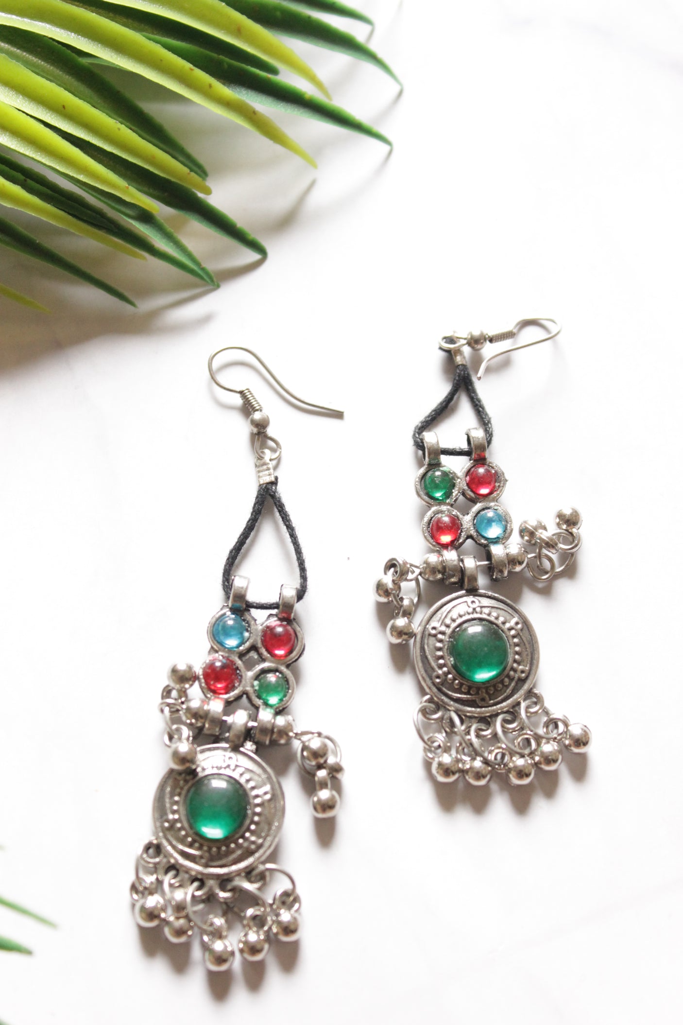 Multi-Color Glass Work Oxidised Finish Long Adjustable Length Necklace Set