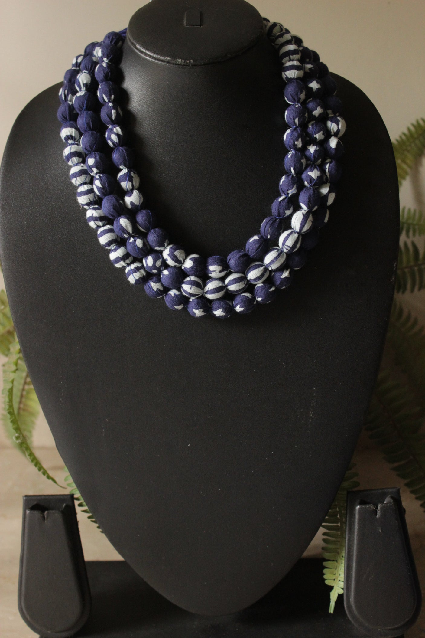 Multi-Layer Indigo Fabric Beads Necklace