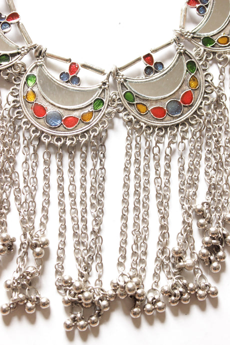 Half Moon Shape Metal Charms Premium Oxidised Finish Adjustable Length Afghani Choker Necklace Set