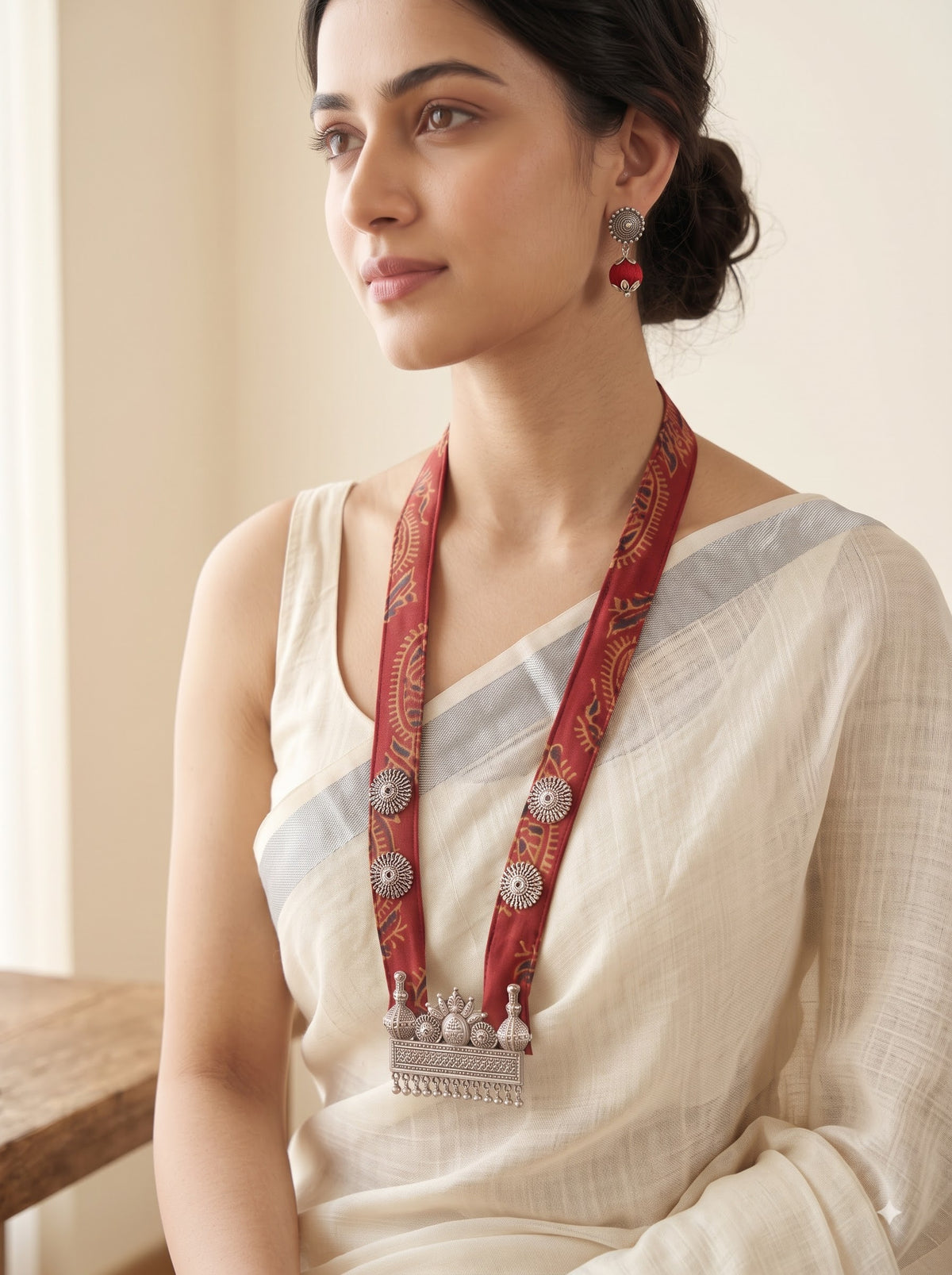 Ajrakh Block Print Statement Pendant Collar Necklace