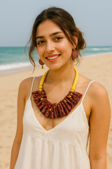 Ajrakh Cotton Fabric and Beads Handmade Necklace Set