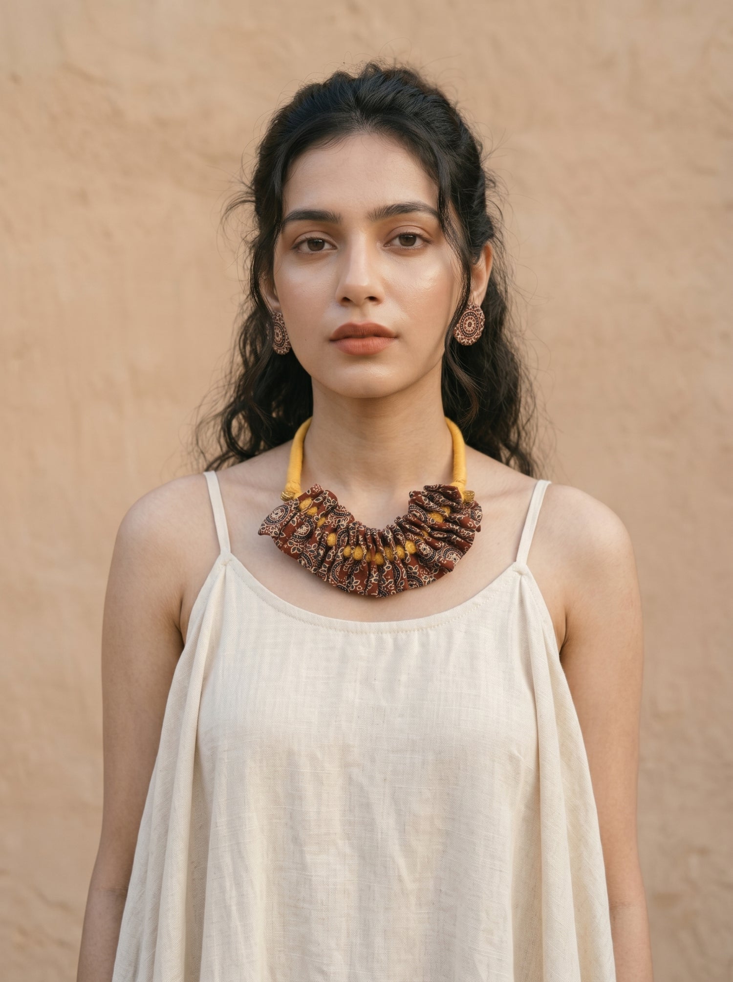 Ajrakh Cotton Fabric and Beads Handmade Necklace Set