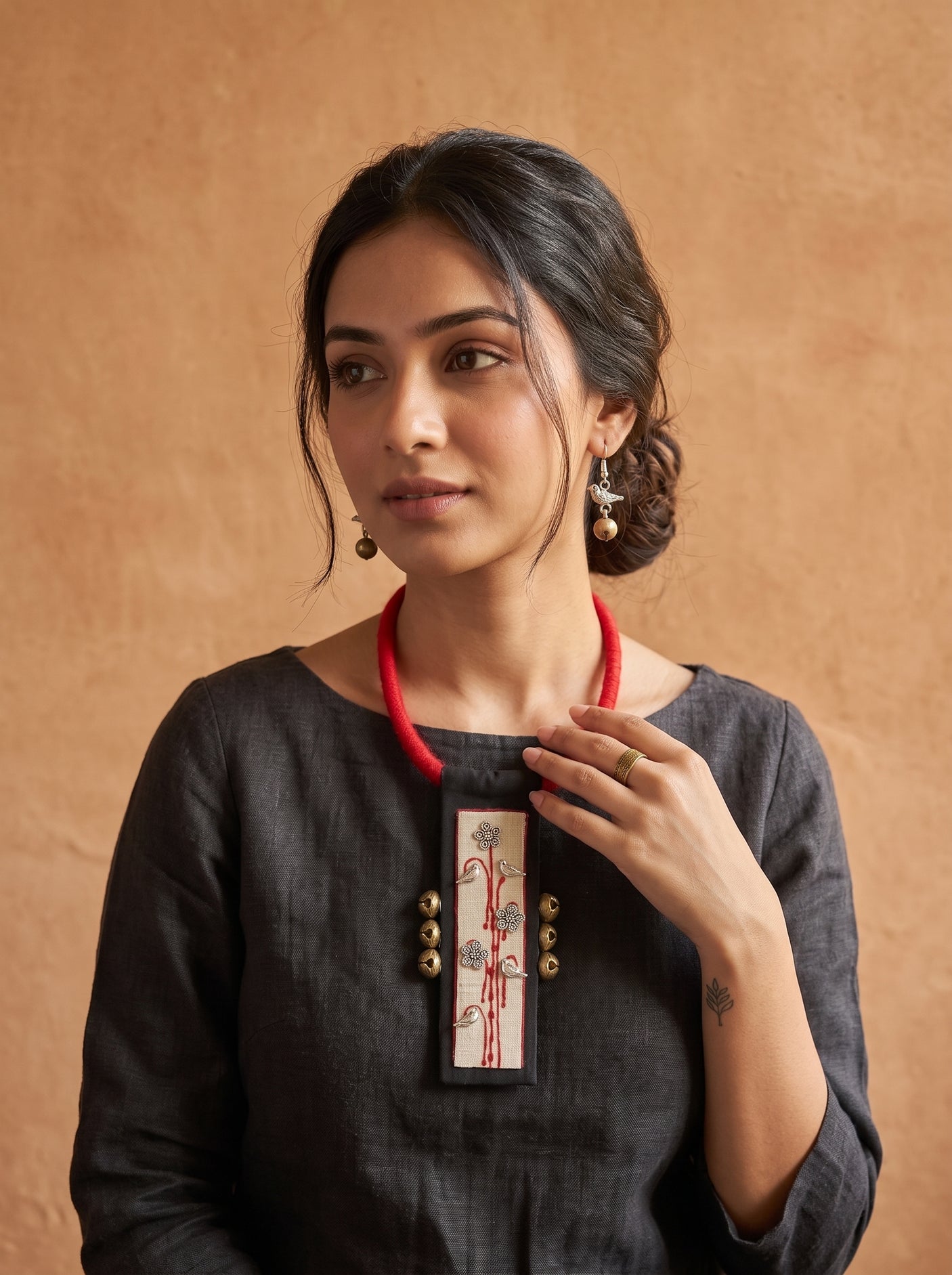 Bird and Ghungroo Charms Hand-Painted Fabric Choker Necklace Set