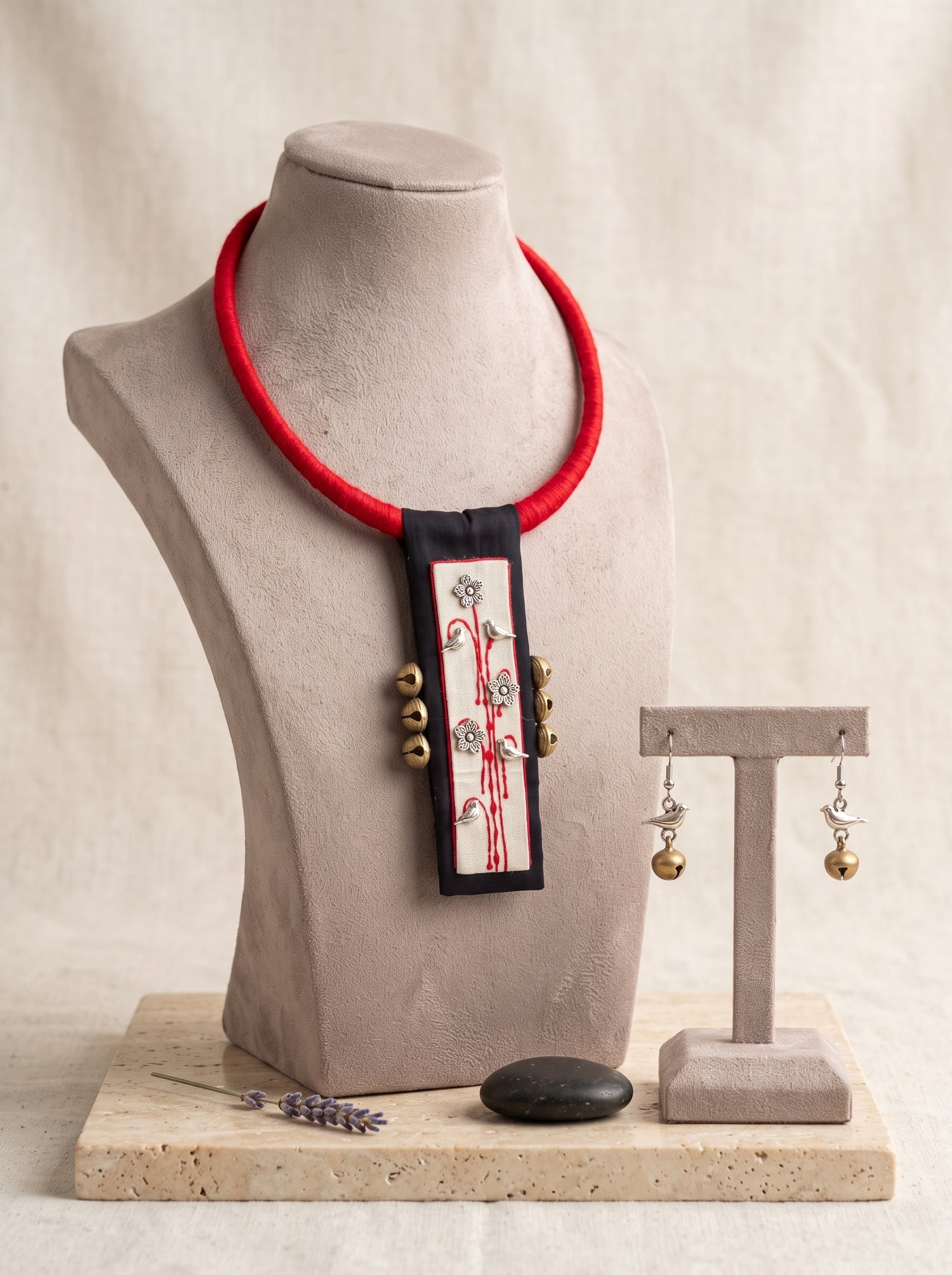 Bird and Ghungroo Charms Hand-Painted Fabric Choker Necklace Set
