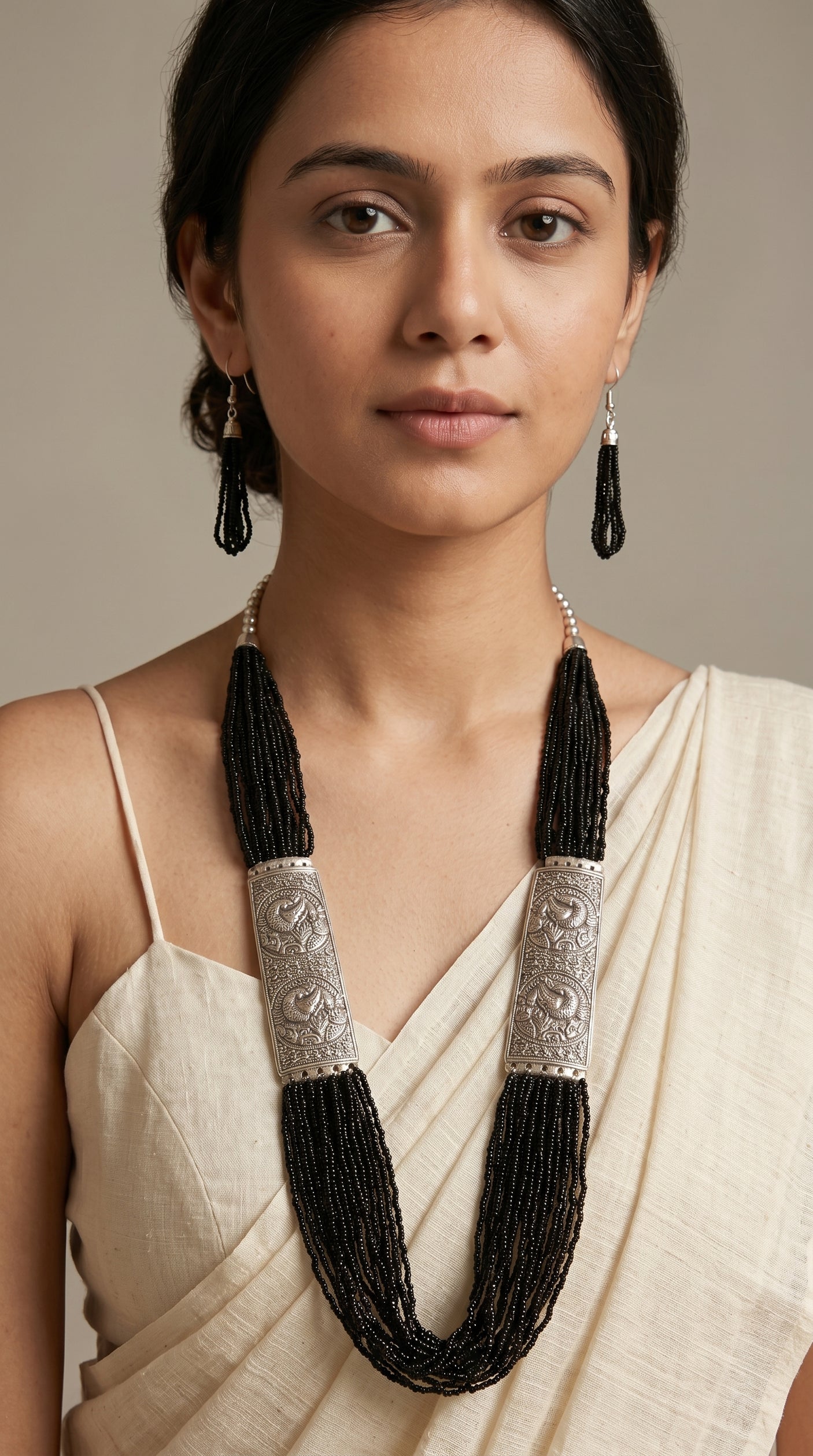 Black Beaded Multi Layered Necklace Set with Metal Detailing