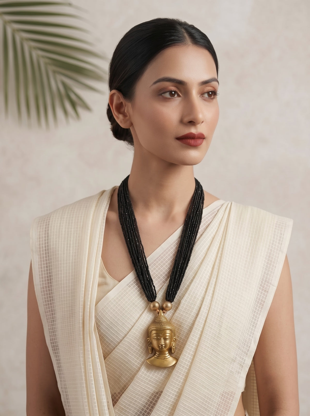 Black Beads Handcrafted Long Buddha Pendant Necklace
