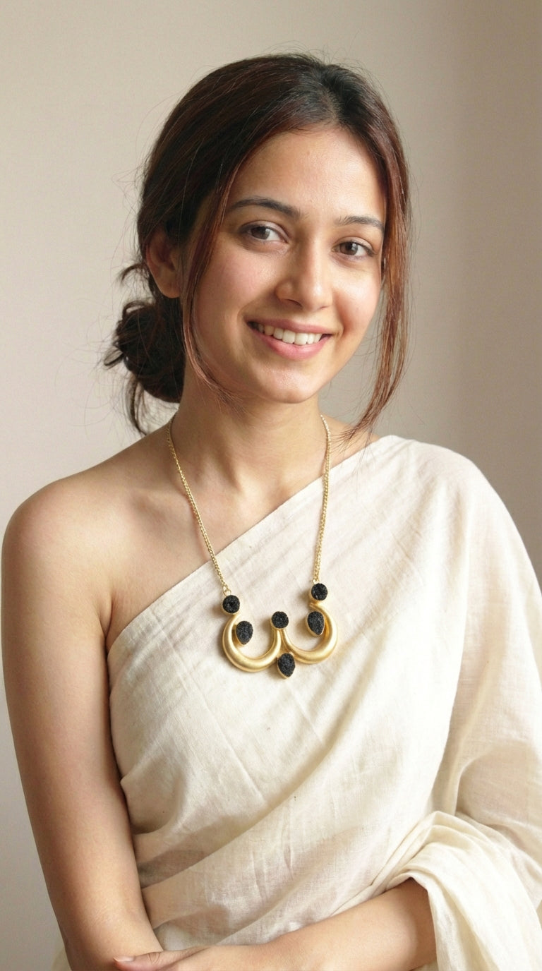 Black Druzy Natural Gemstones Embedded Gold Finish Necklace