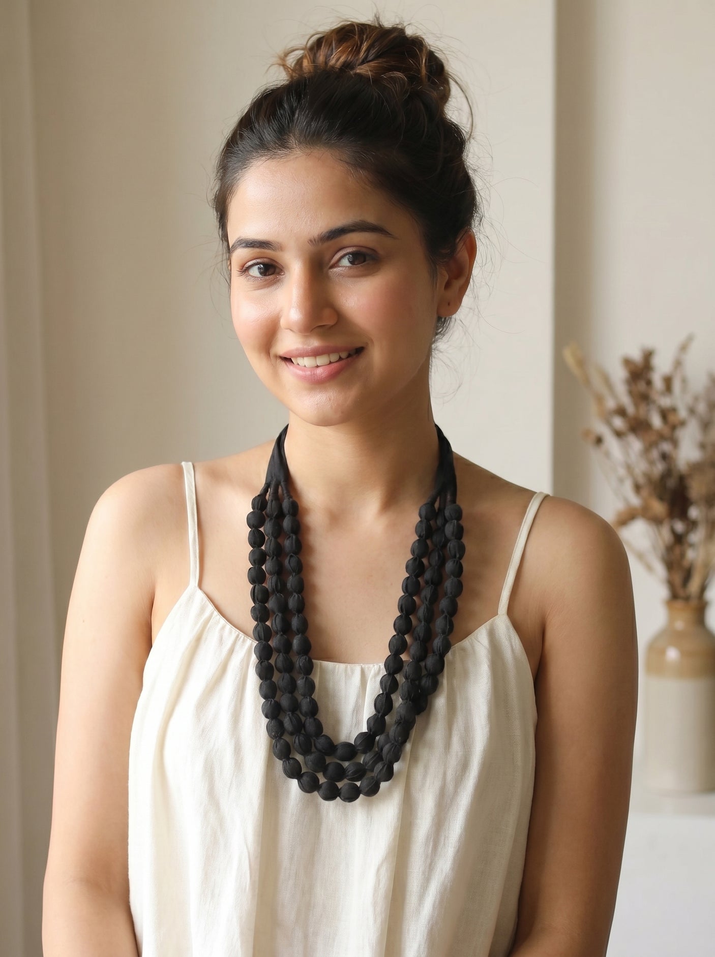 Black Fabric Beads 3 Layer Handmade Necklace