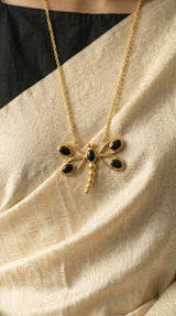 Black Onyx Dragonfly Pendant on Long Dainty Gold Chain Necklace
