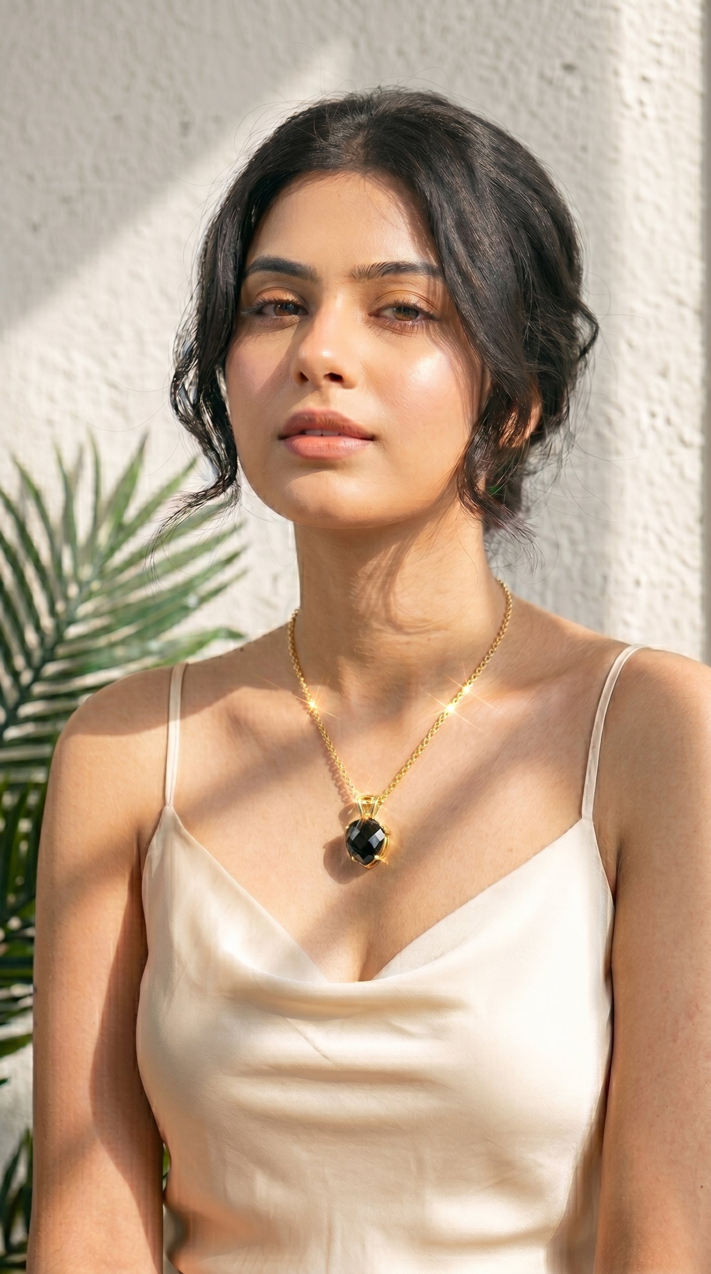 Black Onyx Teardrop Solitaire Pendant Gold Toned Chain Necklace