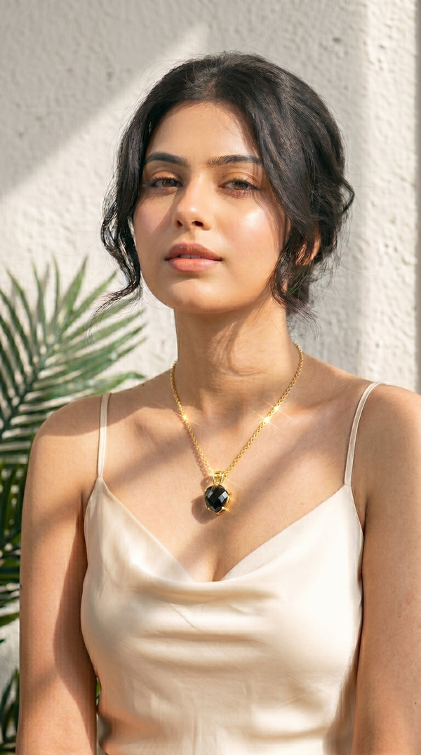 Black Onyx Teardrop Solitaire Pendant Gold Toned Chain Necklace