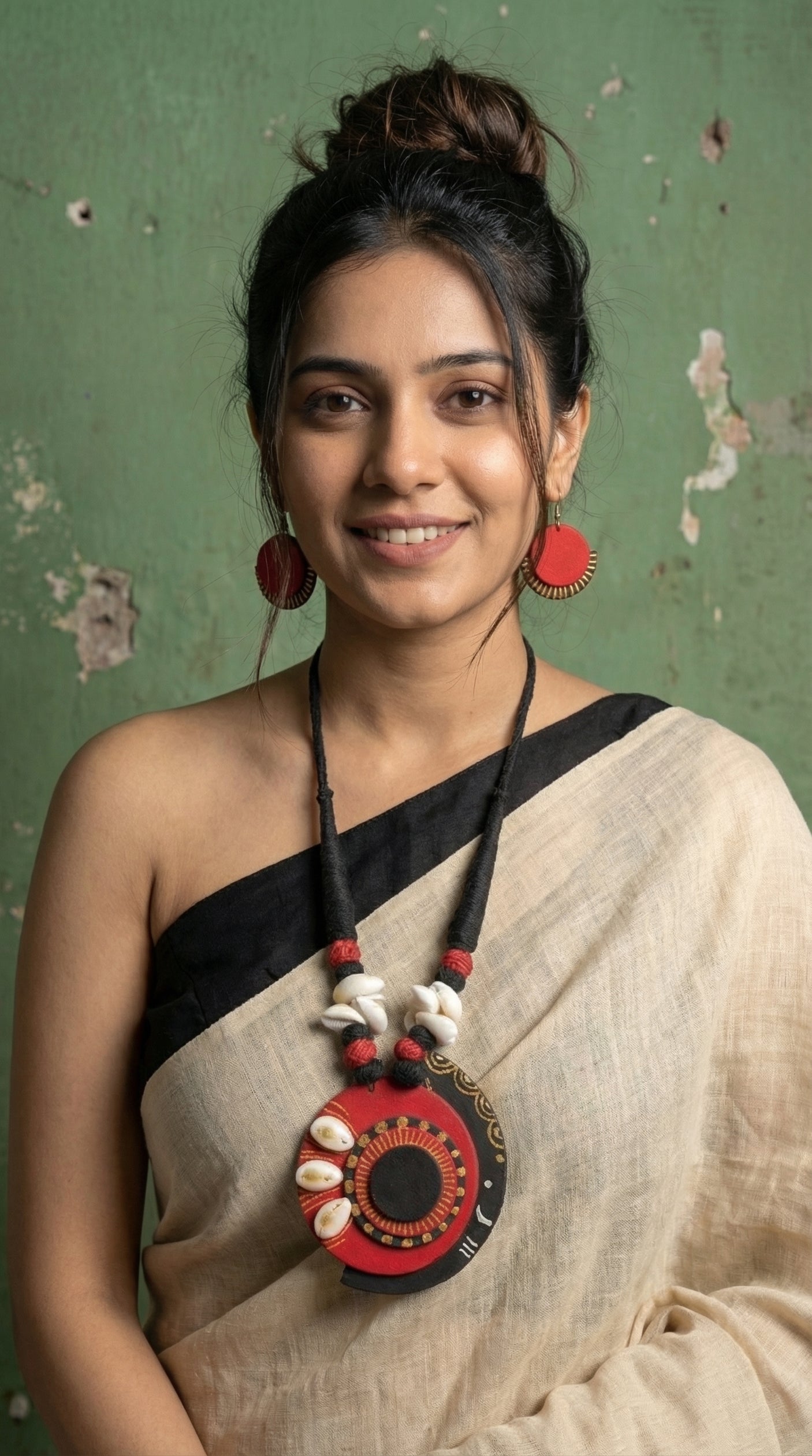 Black Sun Tribal Hand Painted Fabric Necklace Set