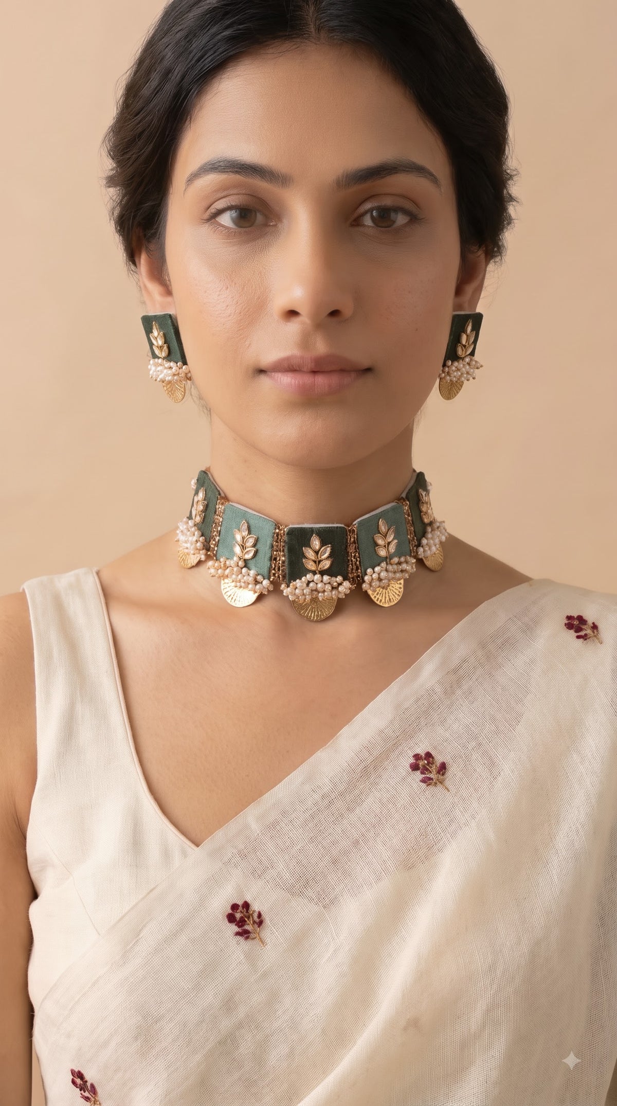 Green & Turquoise Gold Tones White Beads Embellished Fabric Choker Necklace Set with Adjustable Closure