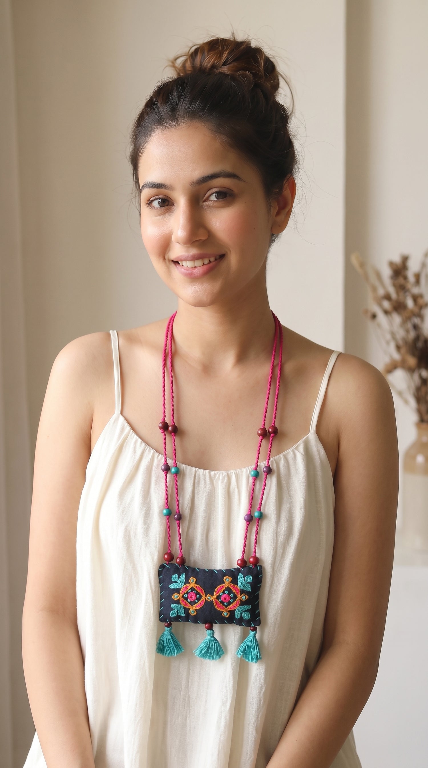 Black and Multi-Color Cross-Stitch Handcrafted Rope Closure Handcrafted Fabric Necklace