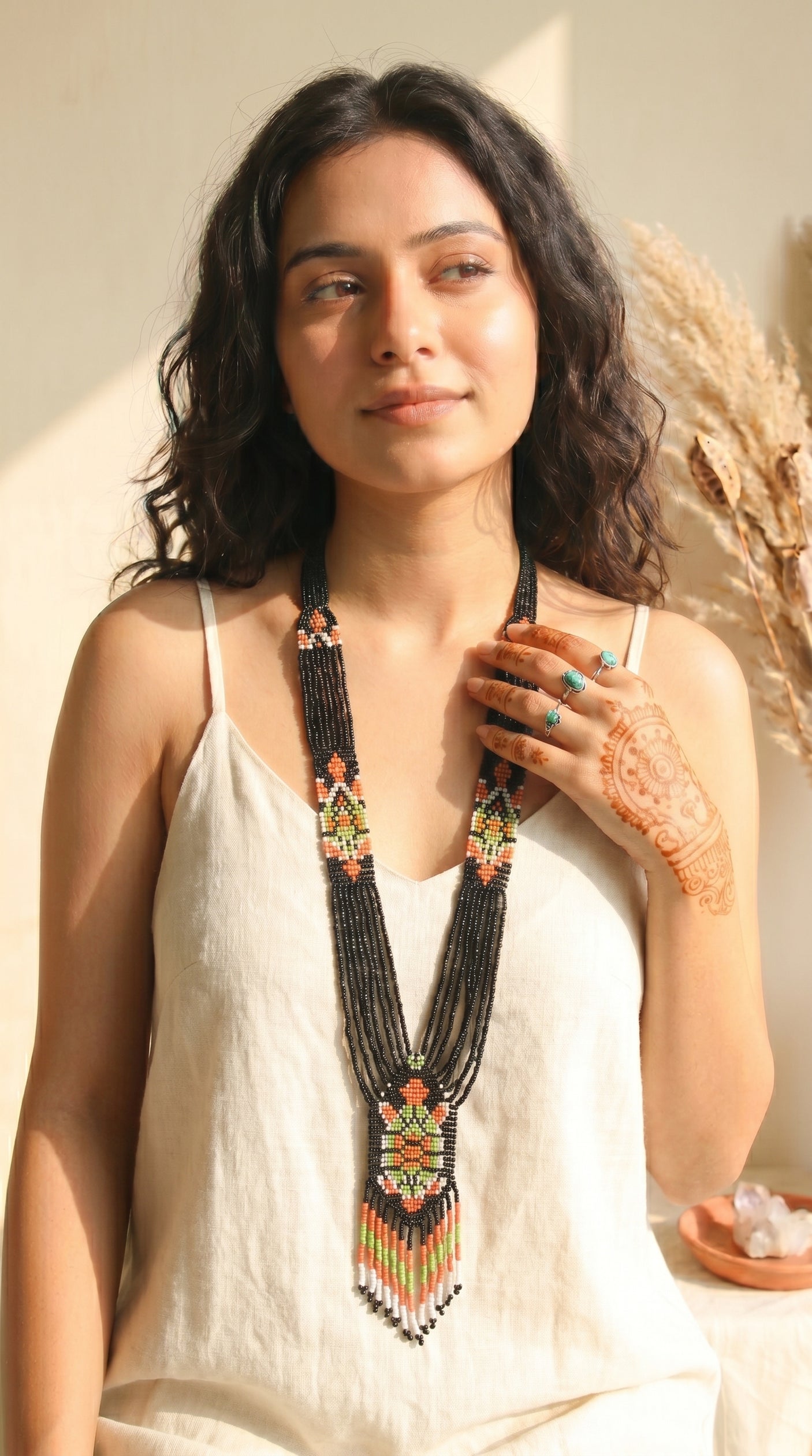 Black and Multi-Color Hand Beaded Long Necklace Set