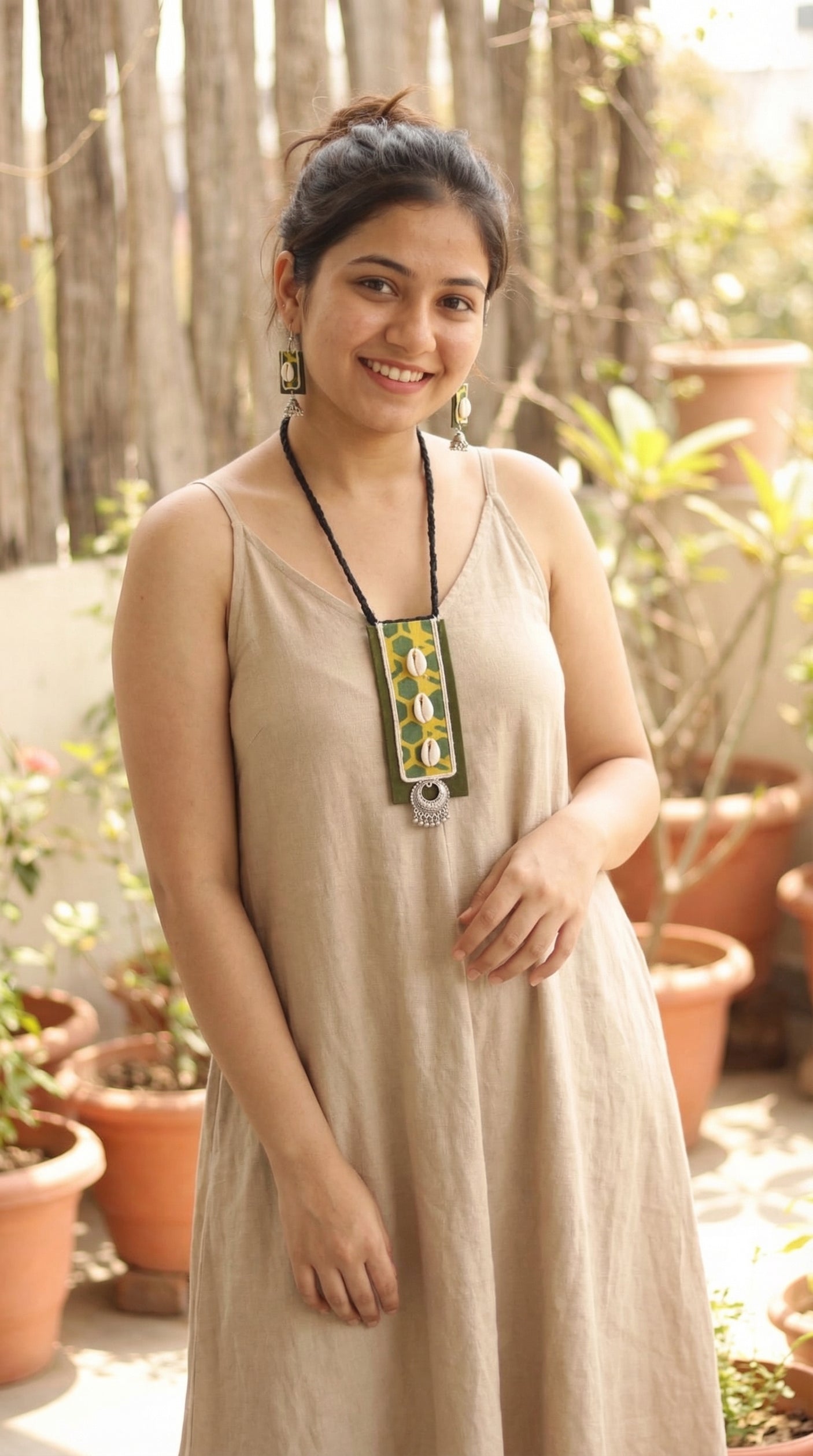 Block Printed Fabric and Shell Work Handmade Necklace Set with Adjustable Thread Closure Necklace Set