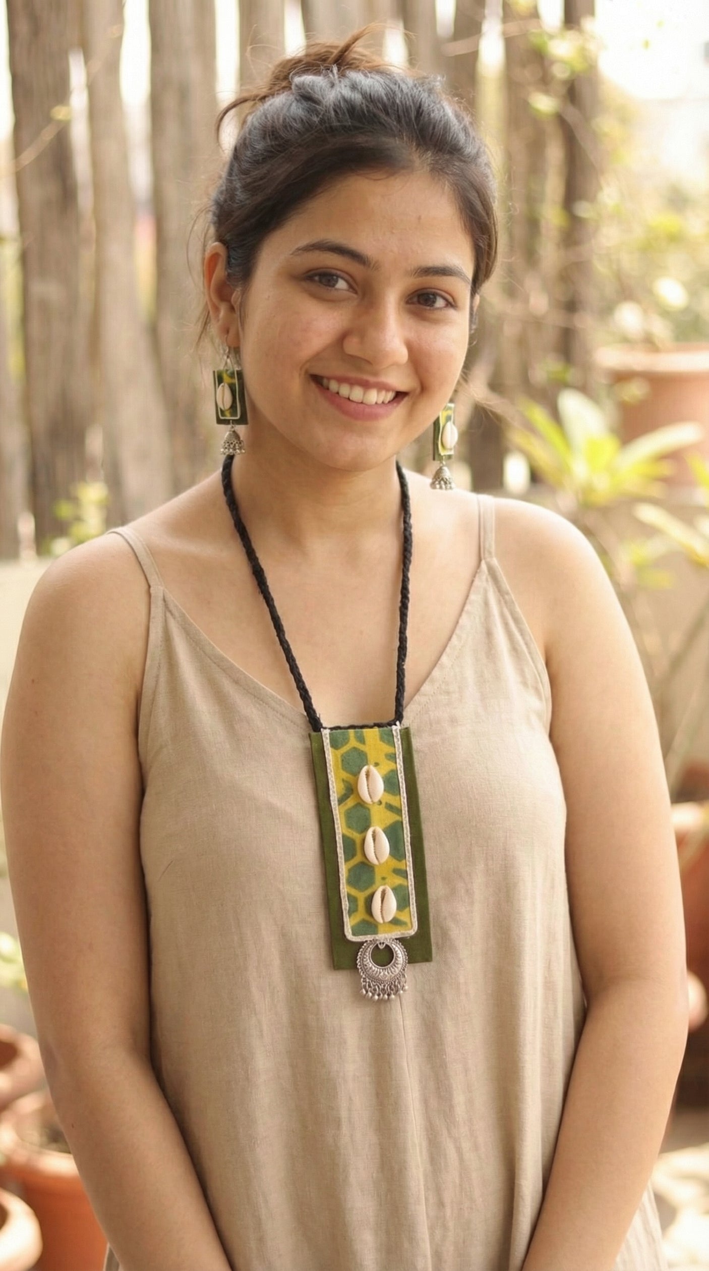 Block Printed Fabric and Shell Work Handmade Necklace Set with Adjustable Thread Closure Necklace Set