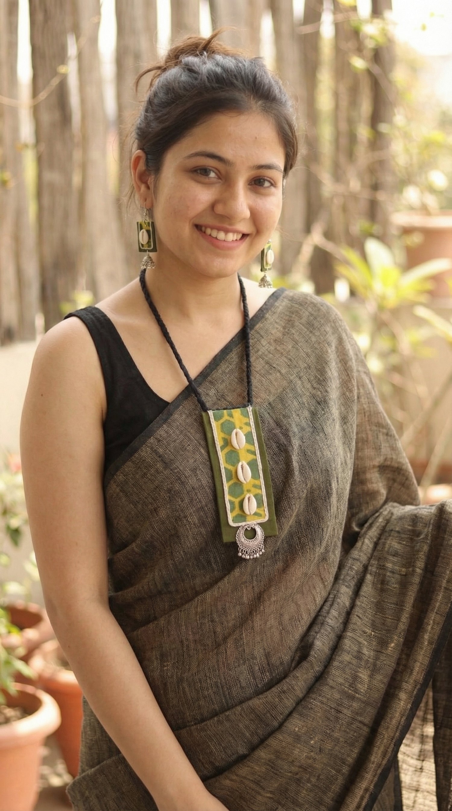 Block Printed Fabric and Shell Work Handmade Necklace Set with Adjustable Thread Closure Necklace Set