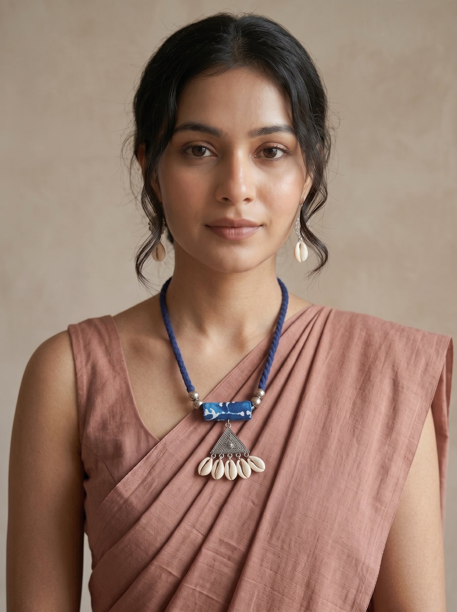 Blue Braided Cord Cowrie Shell Triangle Pendant Necklace Set
