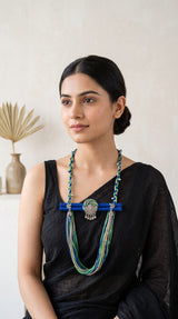 Blue Green & Beige Braided Cord Necklace with Oxidised Silver Peacock Pendant