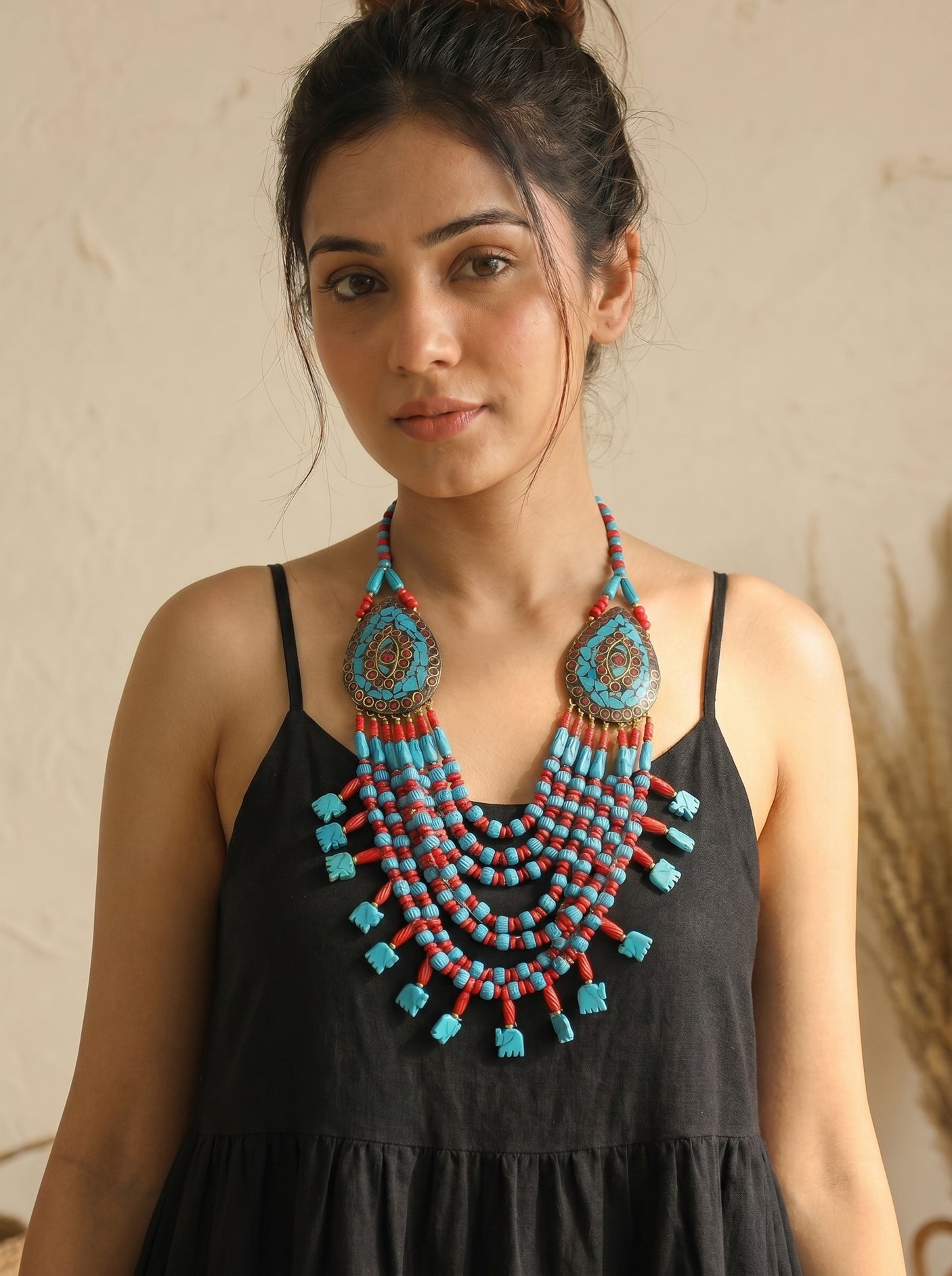 Blue & Red Elephant Charms Bone Beads Handcrafted Multi-Layer African and Tibetan Tribal Necklace