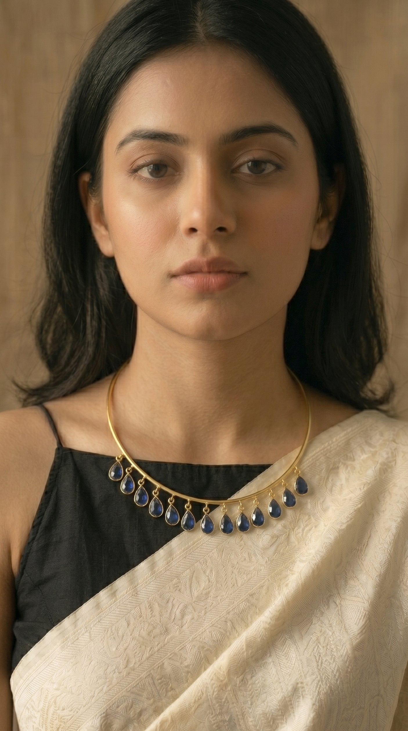 Blue Sapphire Teardrop Crystal Charm Gold Wire Choker Necklace