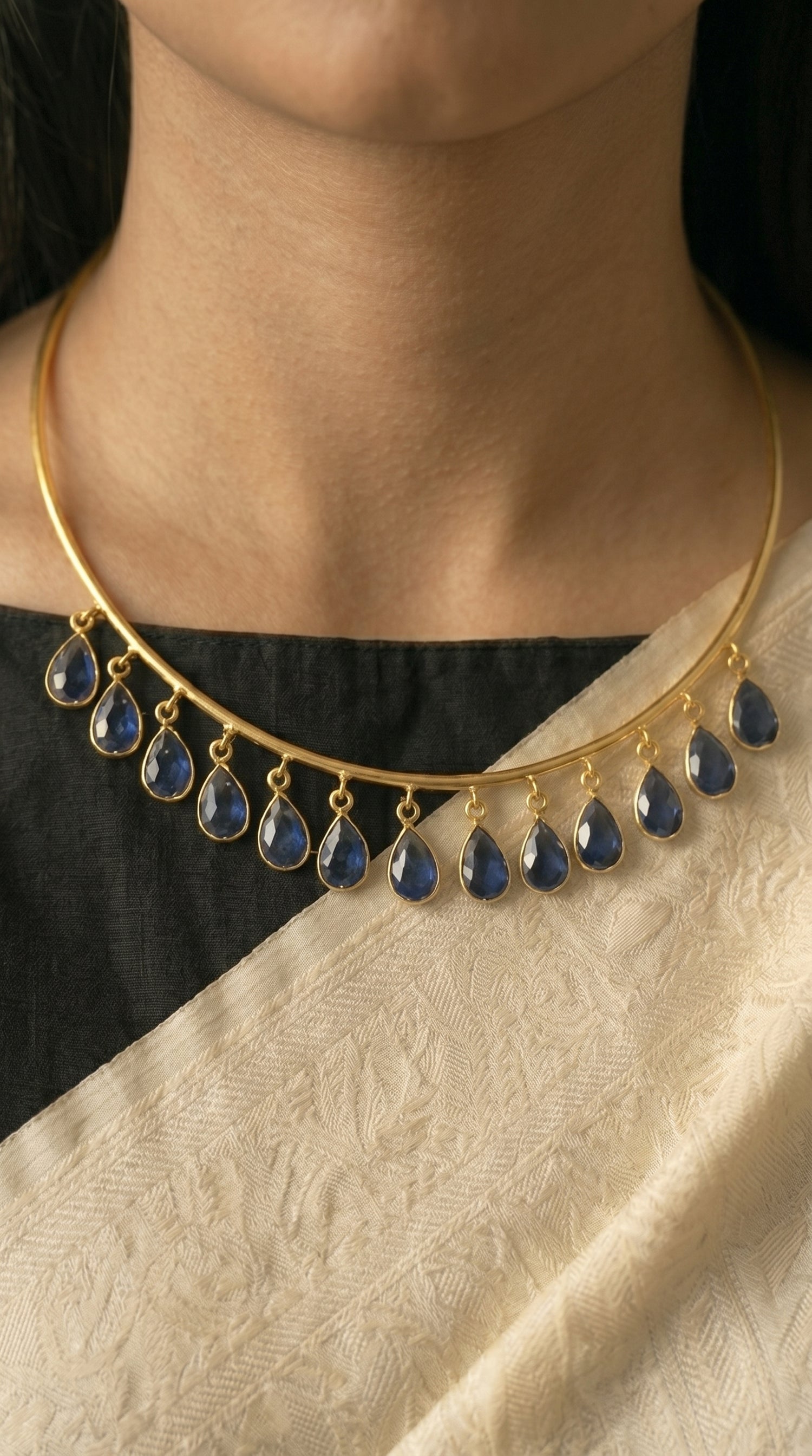 Blue Sapphire Teardrop Crystal Charm Gold Wire Choker Necklace