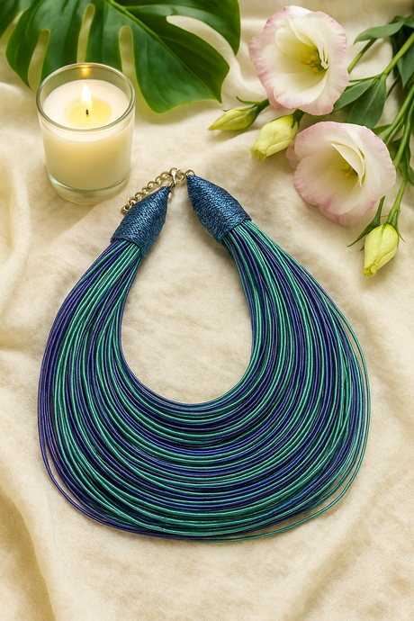 Shades of Blue Handmade Silk Threads Multi-Layer Statement African Choker Necklace