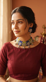 Blue and Green Fabric Tiles Choker Necklace Set with Elephant Charms
