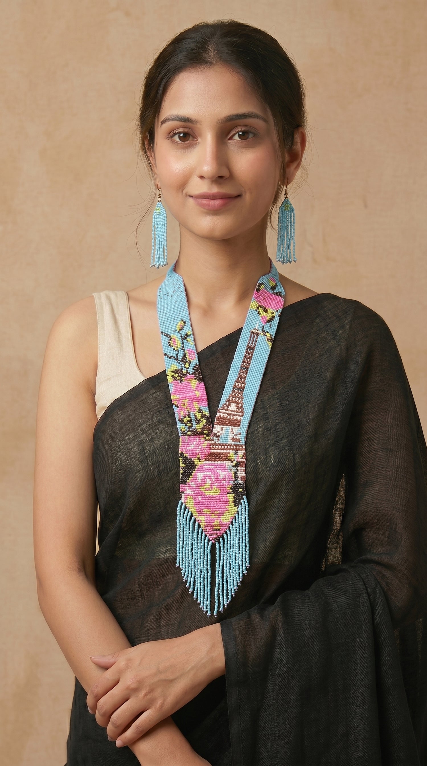 Blue and Pink Hand Beaded Long Necklace Set