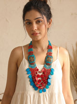 Blue and Red Bone Beads Quirky Statement Necklace
