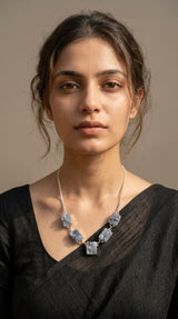 Bluish Grey Raw Sugar Druzy Natural Gemstones Embedded Silver Chain Necklace