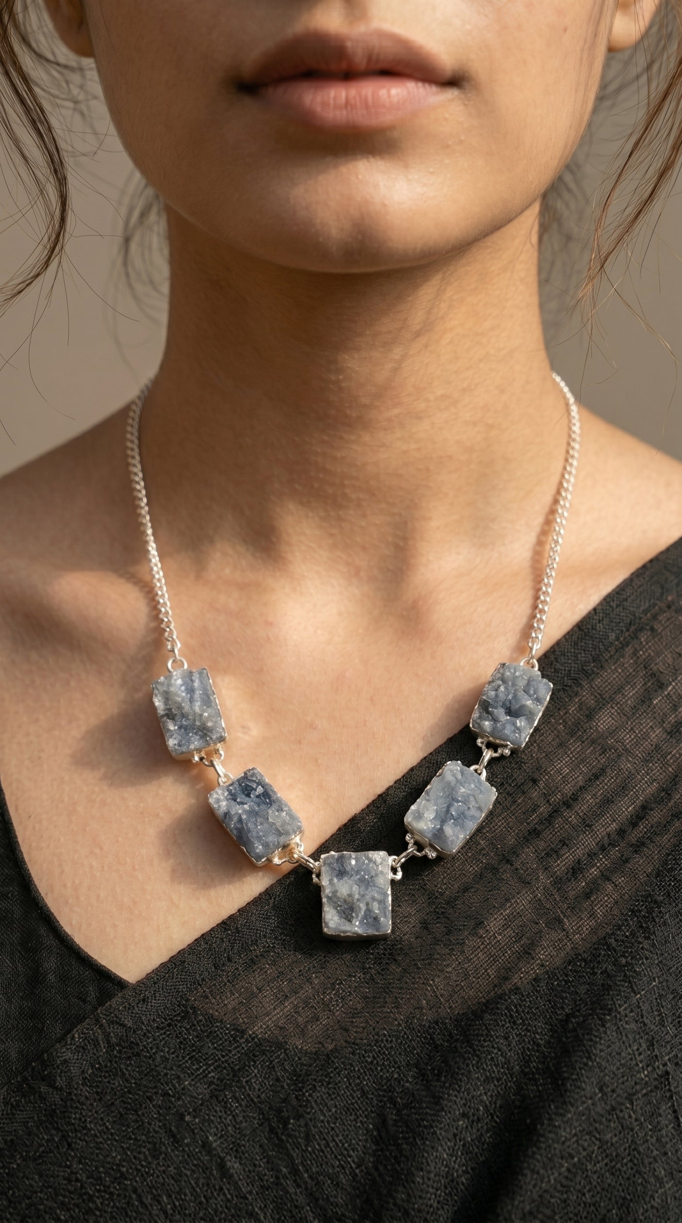 Bluish Grey Raw Sugar Druzy Natural Gemstones Embedded Silver Chain Necklace