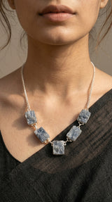 Bluish Grey Raw Sugar Druzy Natural Gemstones Embedded Silver Chain Necklace
